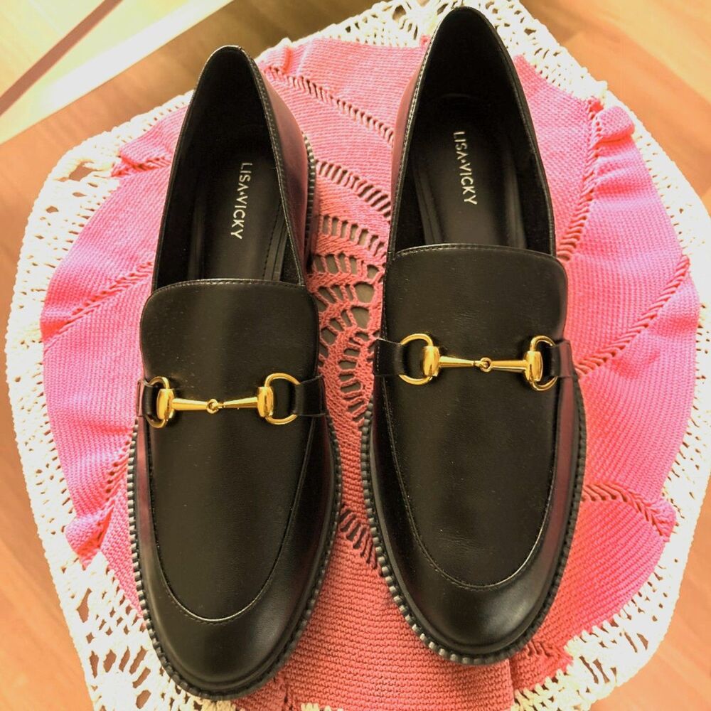 LISA VICKY ZANY-V Black Genuine Leather Loafers Gold Bit Slip On Shoes 10